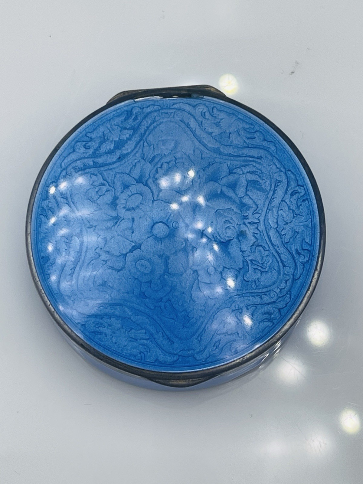 Antique 935 Sterling Silver Blue Enamel Guilloche Box