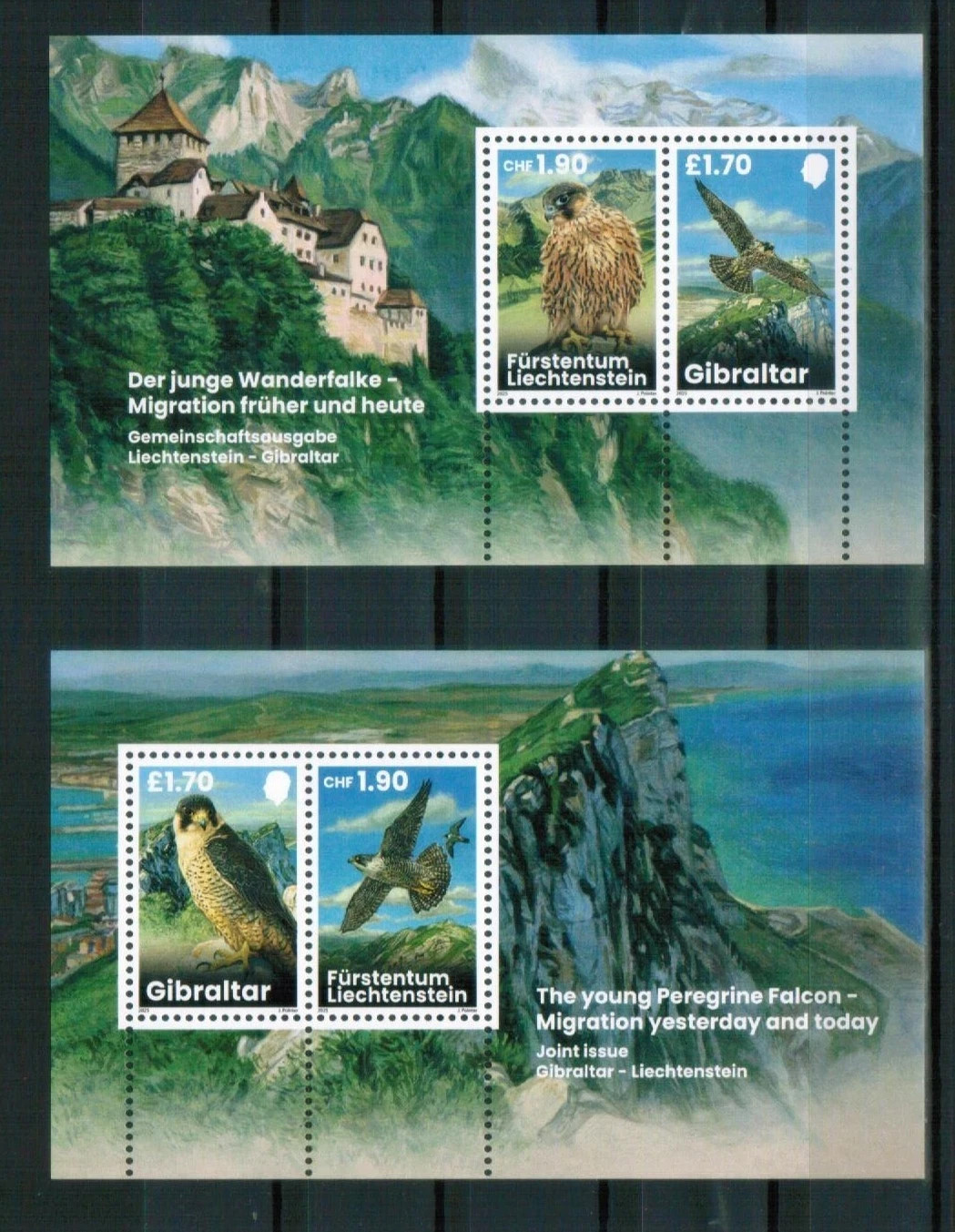 2025 LIECHTENSTEIN GIBRALTAR   BIRDS  JOINED ISSUE 2 SHEETS IMPERFORATED  MNH