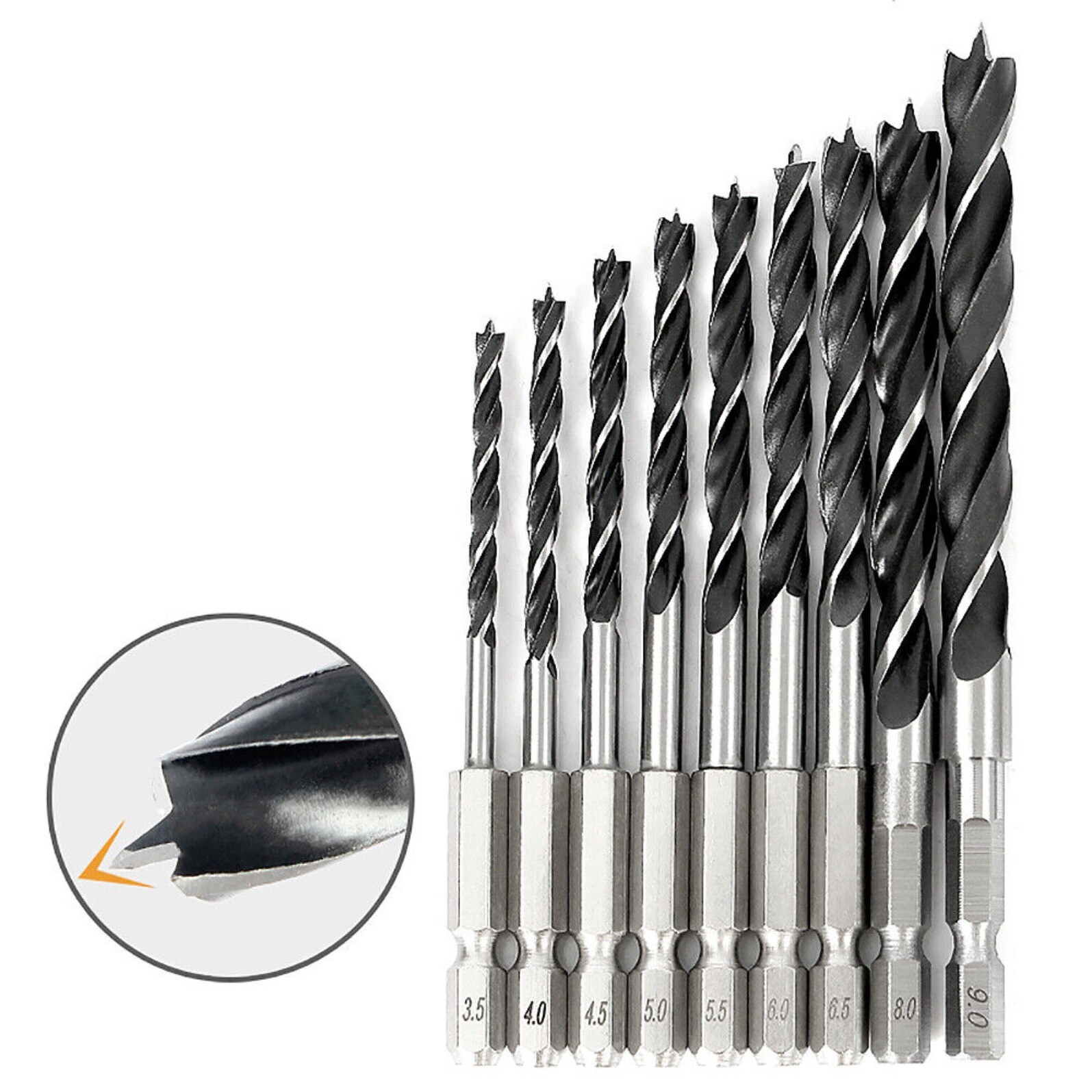 1.5mm-10mm Brad Point Wood Drill Bit Set HSS Woodworking Hex Shank Twist Bits