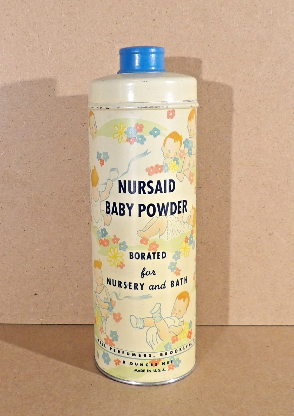 Vintage Nursaid Baby Powder Tin Litho Advertising Brooklyn NY Nursery Graphics