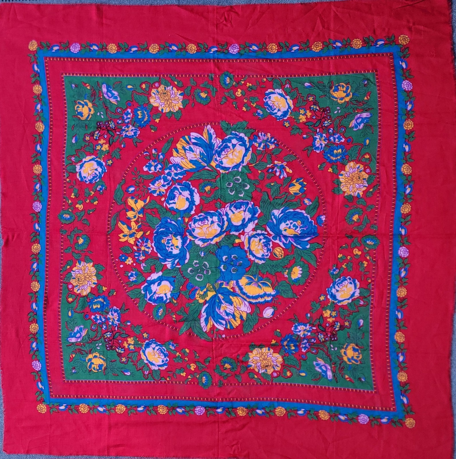 Vintage Square Woven Print Scarf Floral Red Blue Yellow Pink Fringe Japan 48”