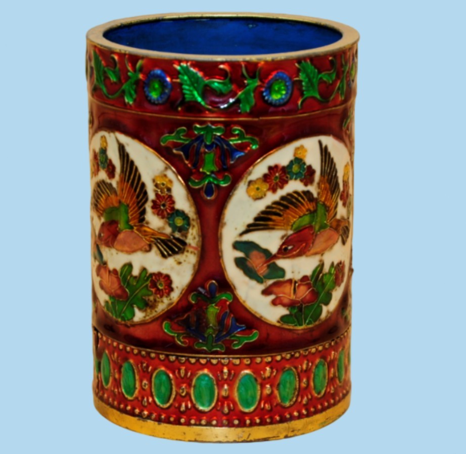 Vintage Chinese Gilt Bronze Cloisonné Brush Pot Handcrafted Floral Bird Artifact