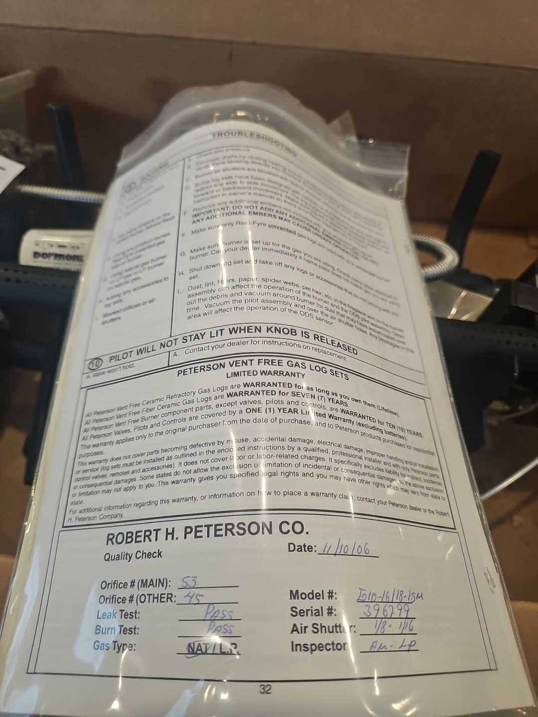 Petersen RealFyre G10 16/18" Gas-Log Natural Gas Burner System Vent Free