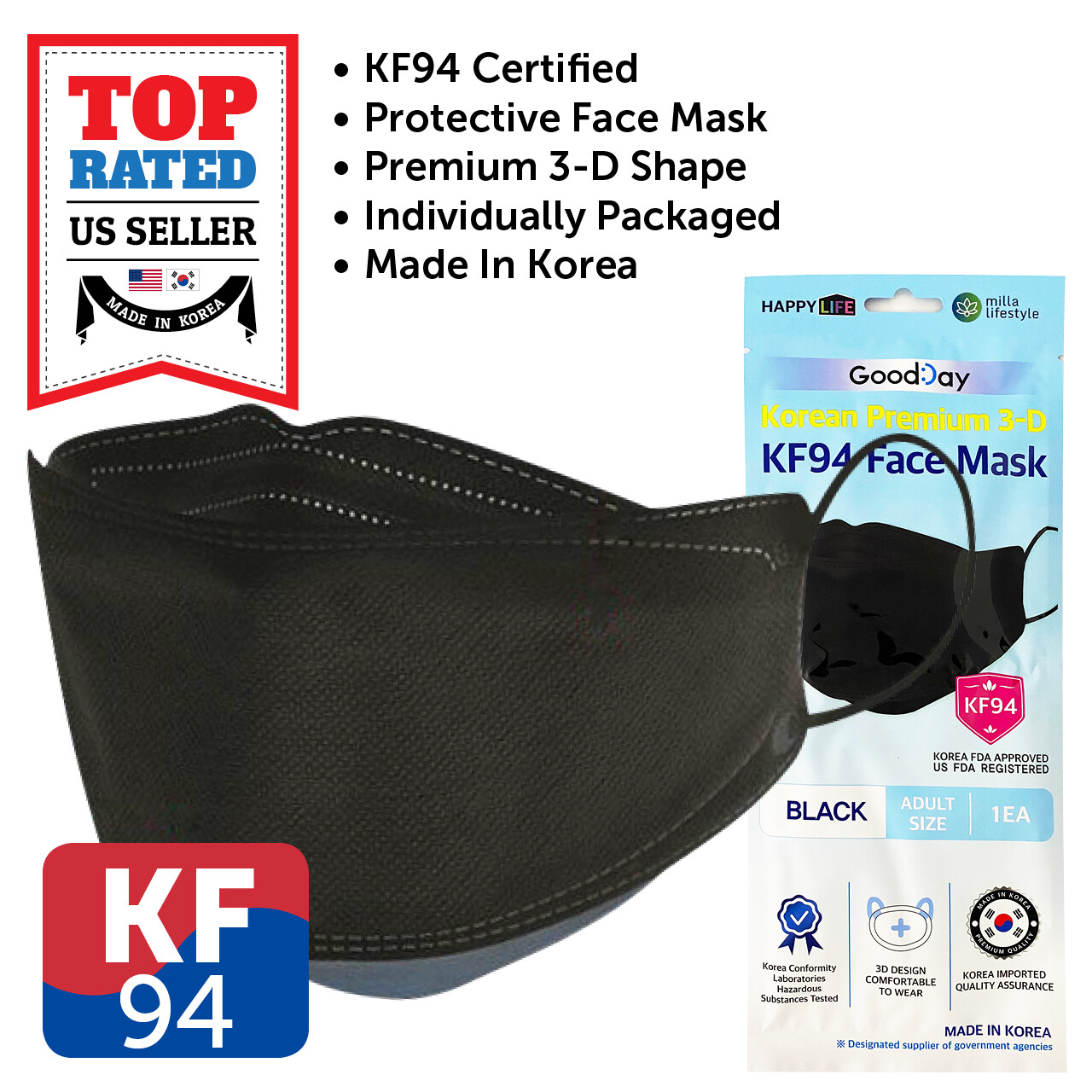 10~100 PCS KF94 BLACK Face Protective Mask Made in Korea KFDA Approved Adult