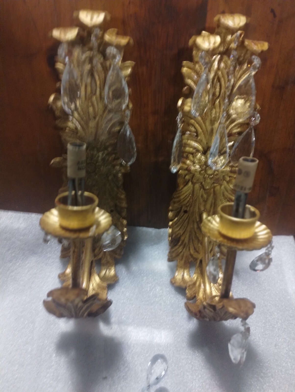 Hollywood Regency Gold Gilt Wall Sconces w/ Crystals – Ornate Electric Pair