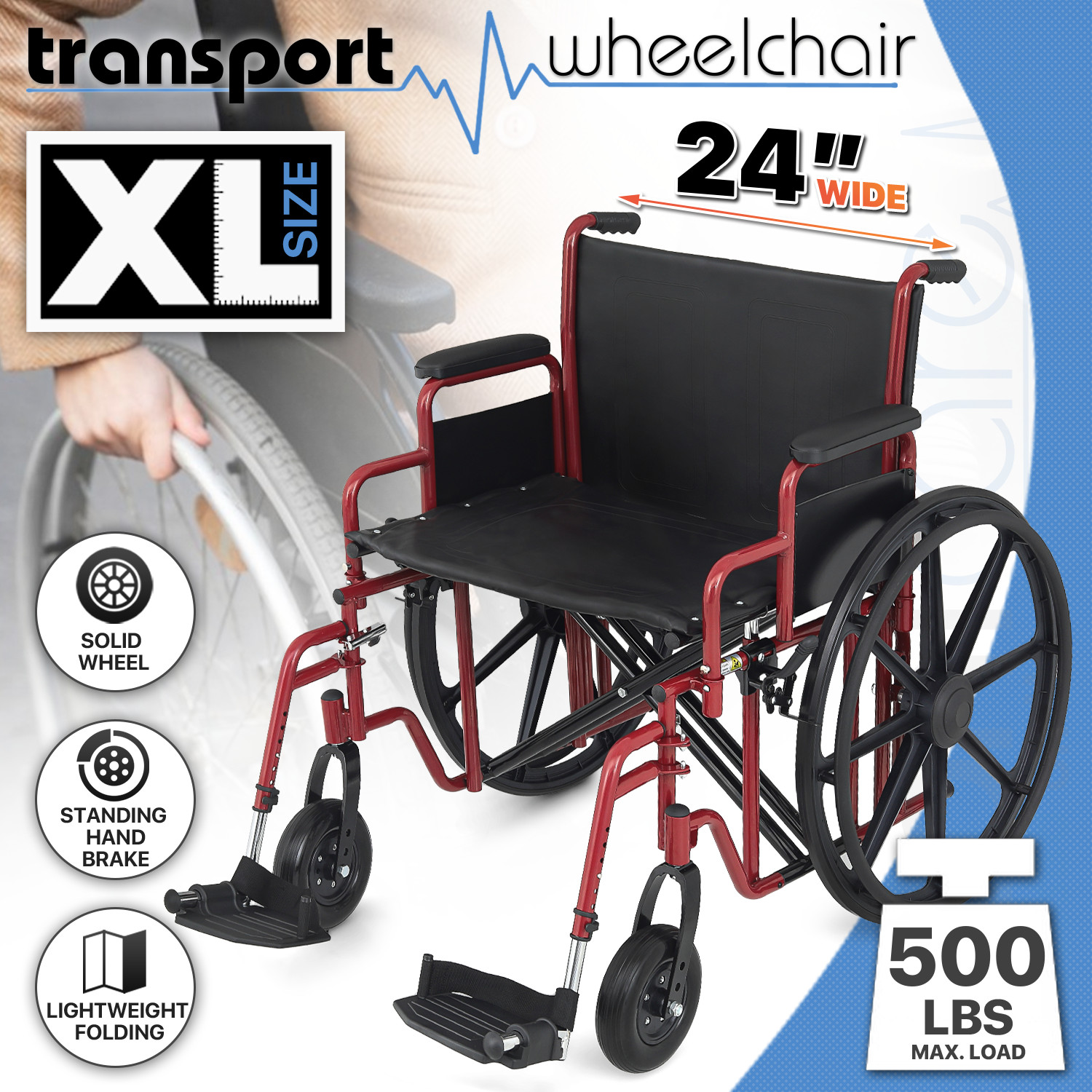 24"EXTRA WIDE Self Propedded Folding Transport Wheelchair Parking Brake&Hand Rim