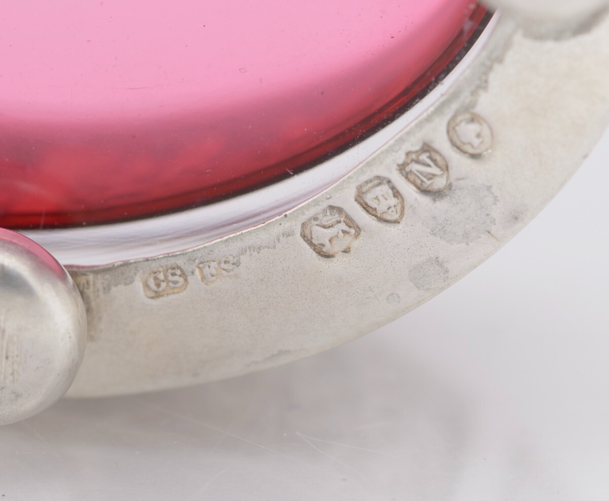 Pair Antique Victorian Sterling Silver & Cranberry Glass Salts Hallmarked 1888