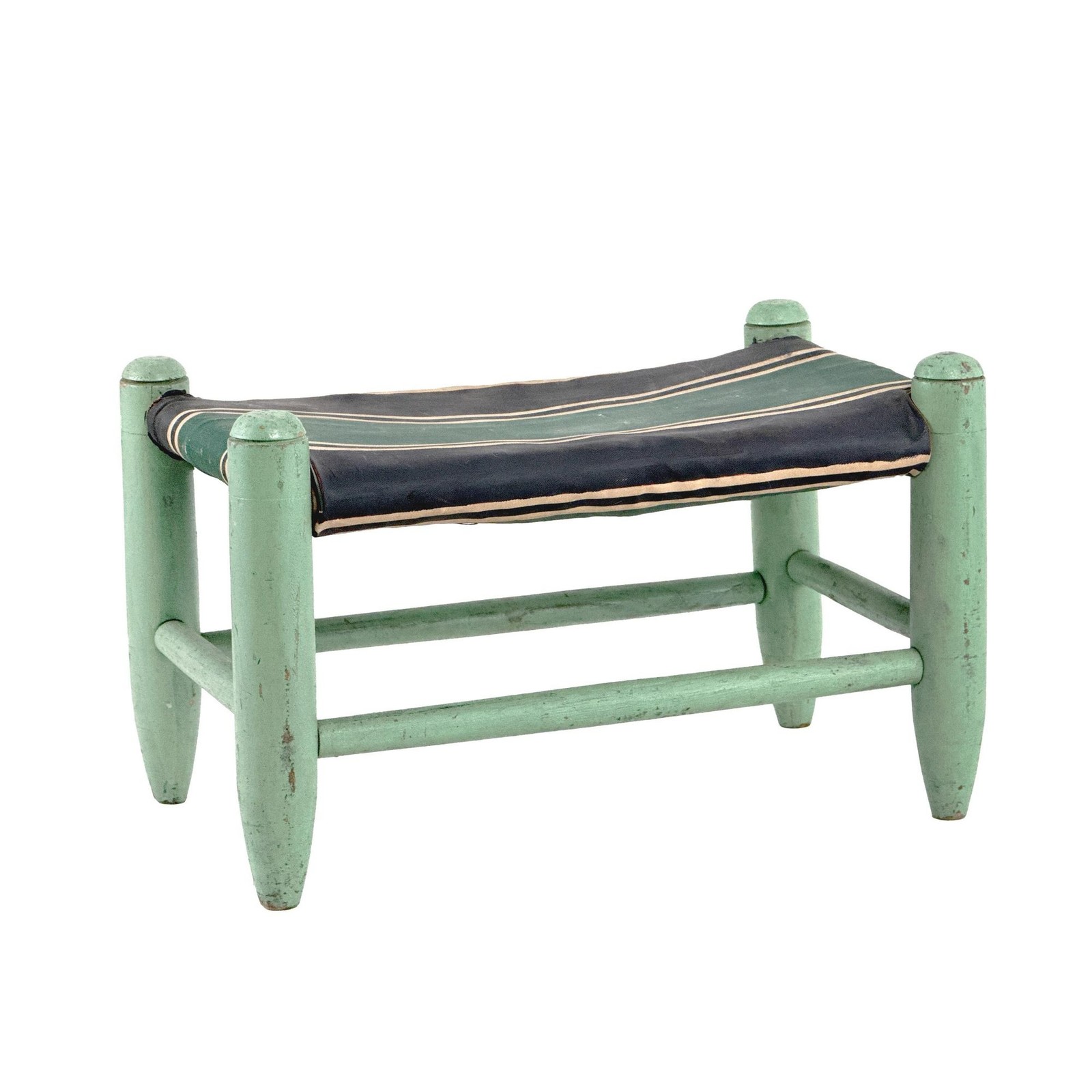 Vtg 30s Turquoise Green Painted Wooden Stool Striped Straw Stuffed Oilcloth Seat