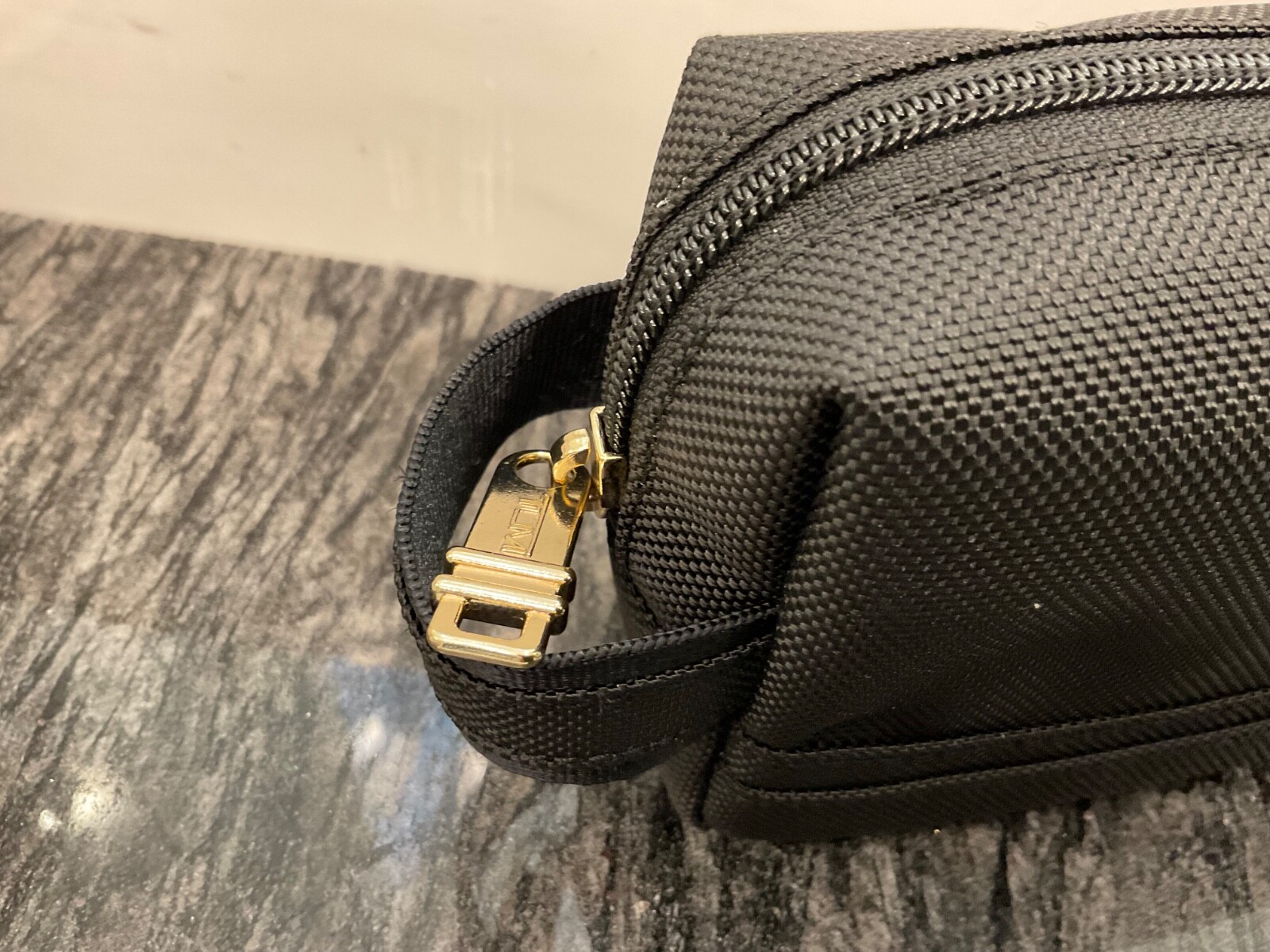 NEW - TUMI Zippered Small Kit - 4”x7” Pouch - Cosmetic Bag - BLACK with GOLD