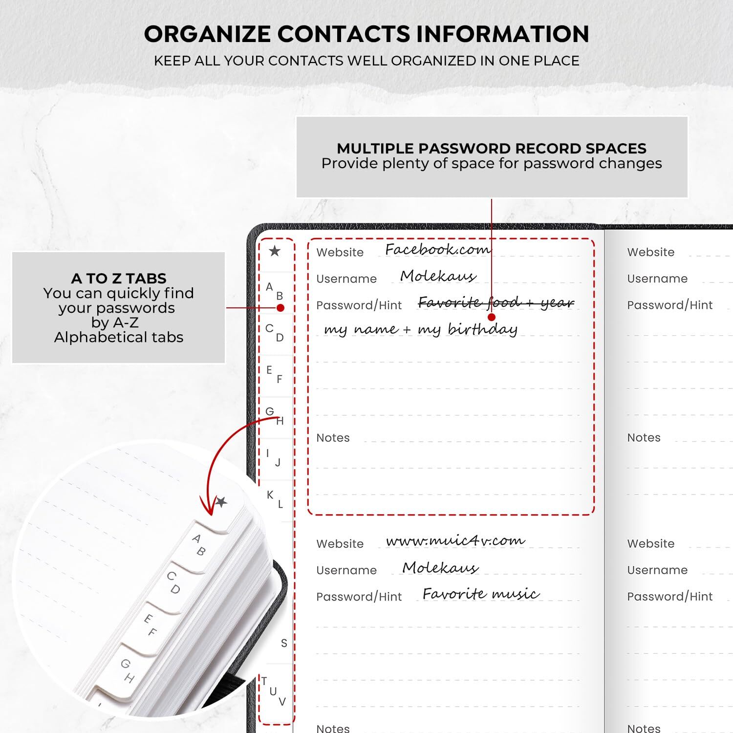 Password Book with Alphabetical Tabs Small Password Keeper with Extra Password S