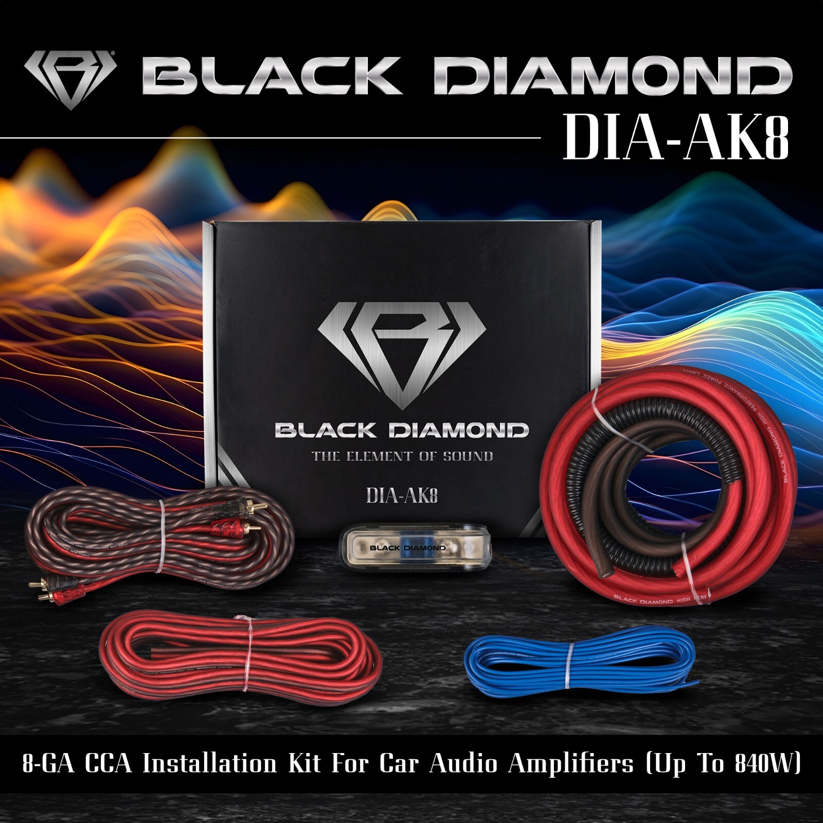 Black Diamond DIA-AK8 Amplifier Wiring Kit 8-GA (Up to 840W), Amp Wire Kit