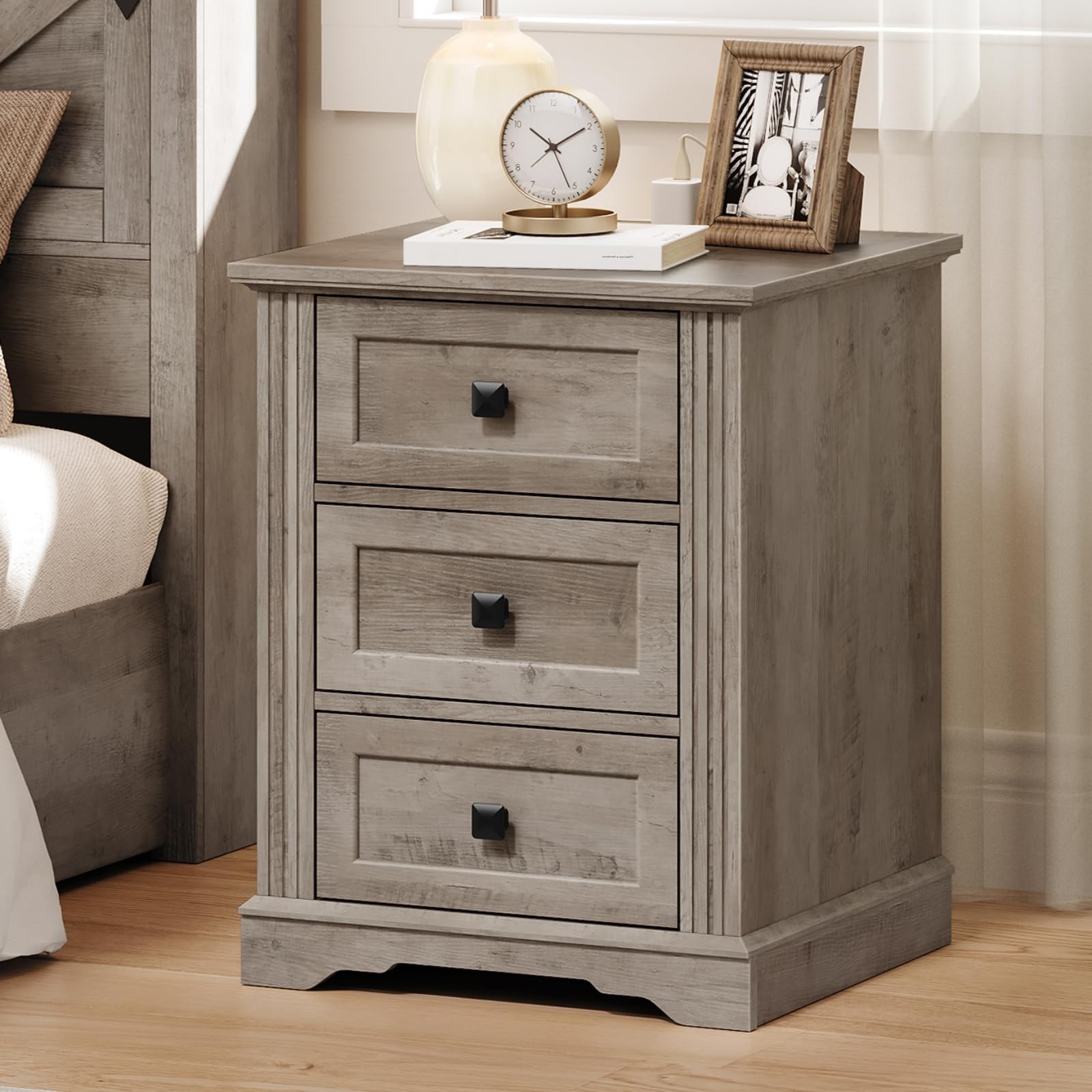 Nightstand with 3 Drawers, 18 Inch Wide End Table with Charging Station, Farm...