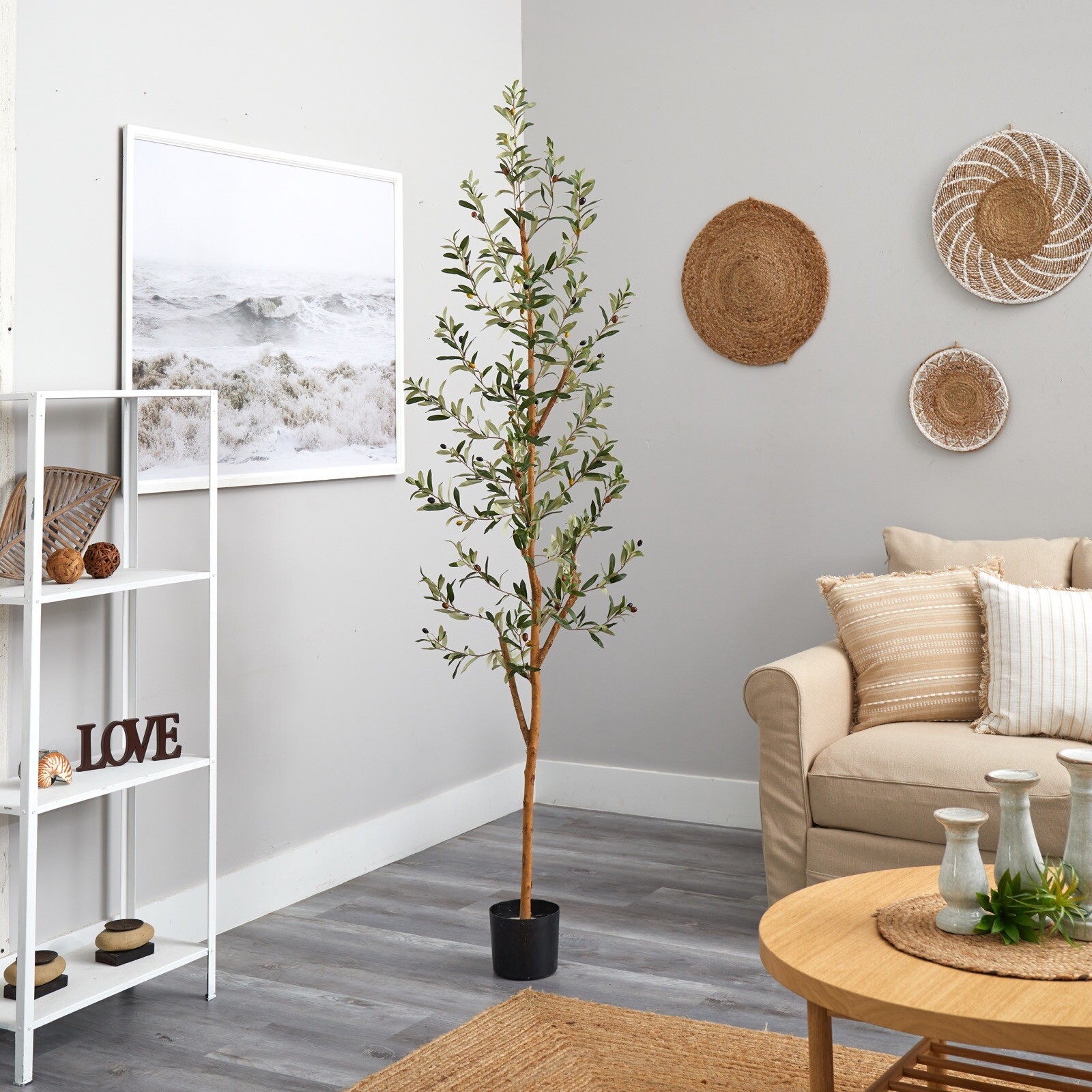 7ft Olive Minimalist Artificial Tree with Natural Trunk Home Decor. Retail $149