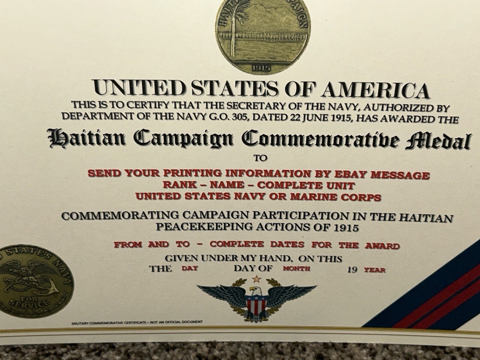 HAITIAN CAMPAIGN (NAVY) COMMEMORATIVE MEDAL CERTIFICATE ~ W/PRINTING TYPE-1