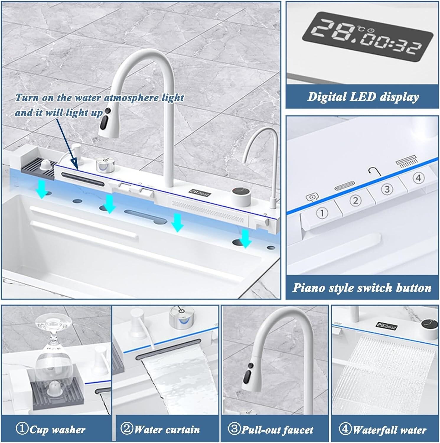 White Flying Rain Waterfall Kitchen Sink Integrated w Pull-Out Tap Set 29.5 INCH