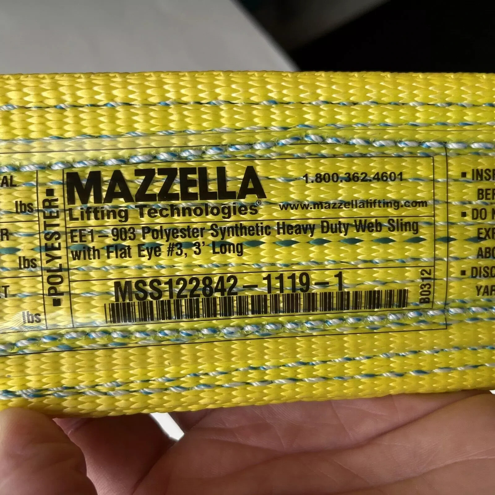 Mazzella EE1-903 x 3’ Polyester Synthetic Web Sling 3" Wide 3’ Long Flat Eye New