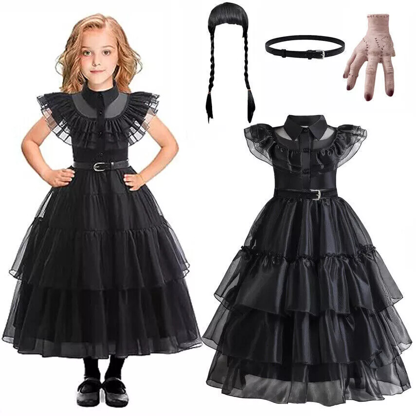 2025 Halloween Girl BLACK DRESS Wednesday Party Costume Fancy Dress 110-160