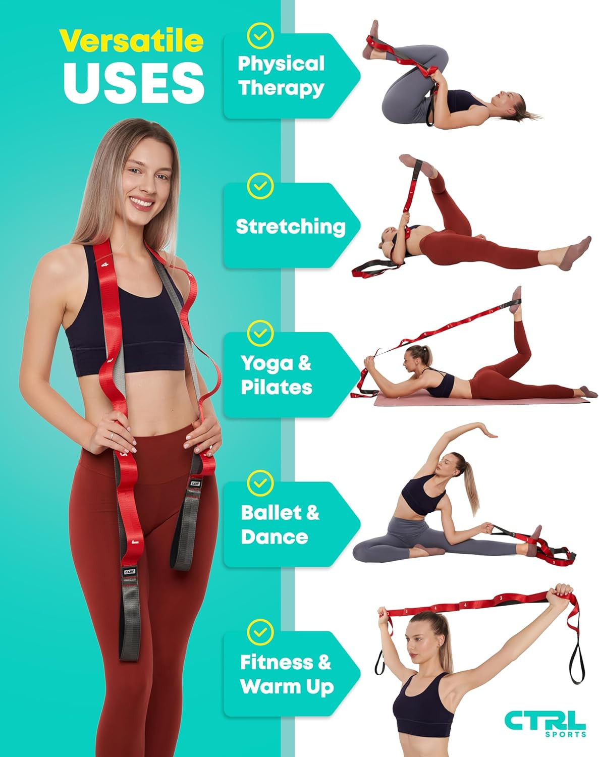 Stretching Strap with Loops - Non Elastic Stretch Band for Yoga and Exercise