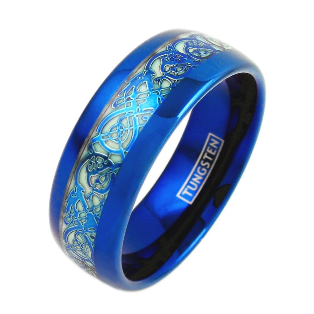 8mm Blue Tungsten Men's Ring Celtic Dragon *Glow in the Dark* Wedding Band