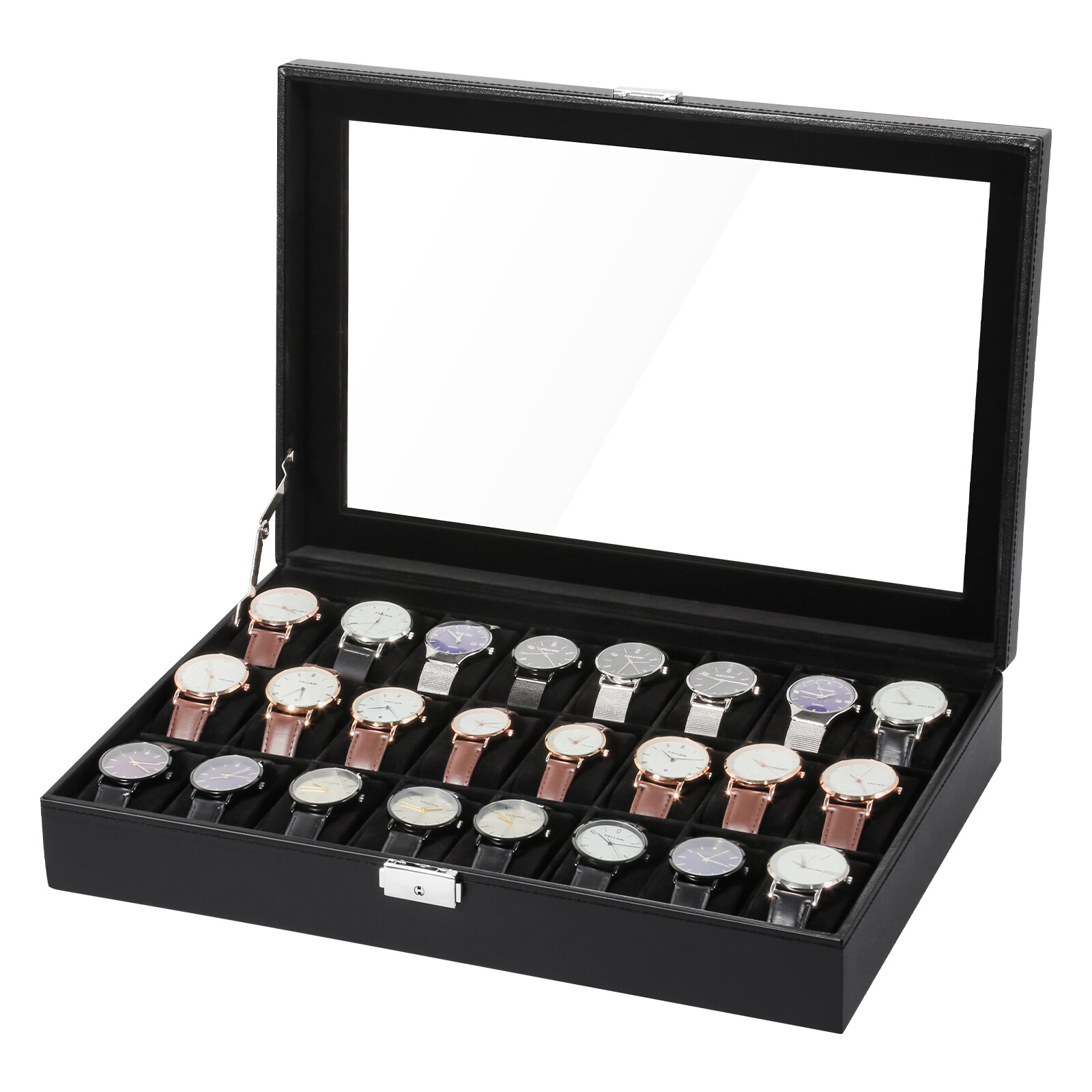 24 Slots Watch Case Box PU Leather Glass Lid Jewelry Organizer Display Case Gift