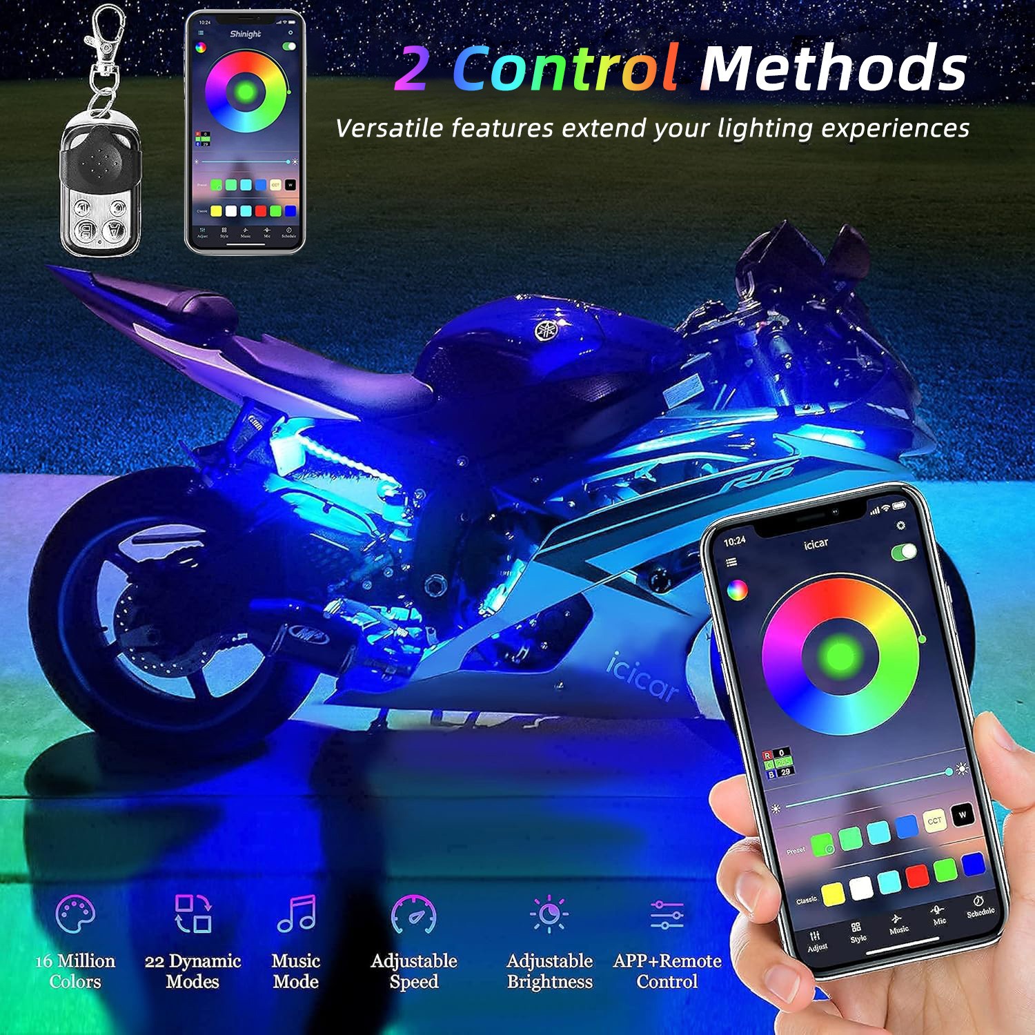10PCS Motorcycle RGB LED Strip Light Under Glow Neon Kit Bluetooth APP Control
