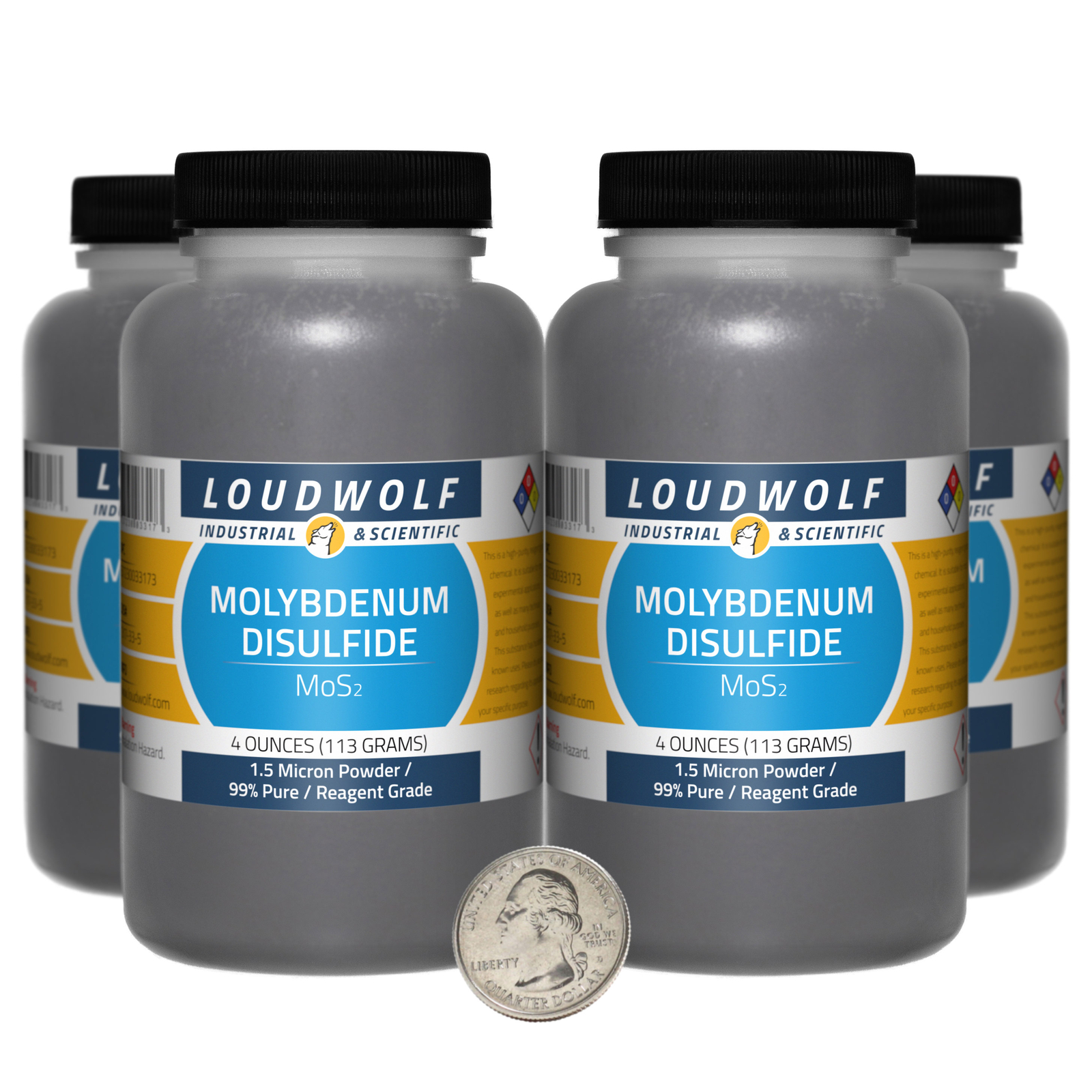 Molybdenum Disulfide / 1 Lb / 4 Bottles / 99% Reagent Grade / 1.5 Micron Powder