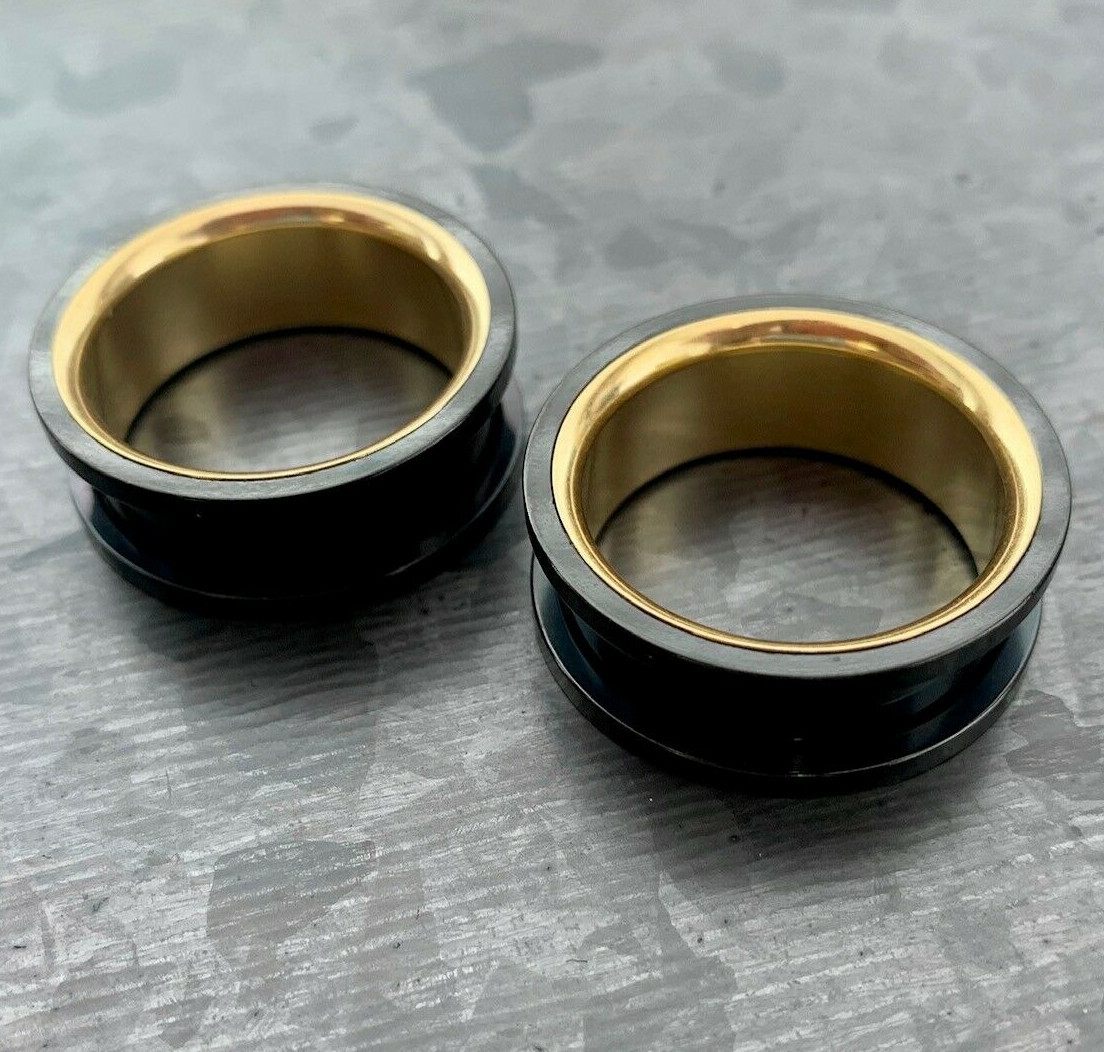 PAIR Black with Gold Interior Screw Fit Tunnels Ear Plugs Earlet Gauges
