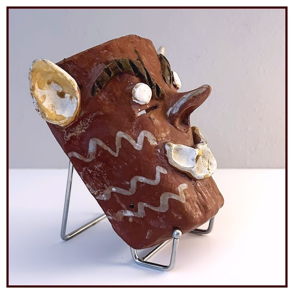 MEXICAN MADE MASK Terracotta Clay Detailed by Hand in Black & White, Excellent
