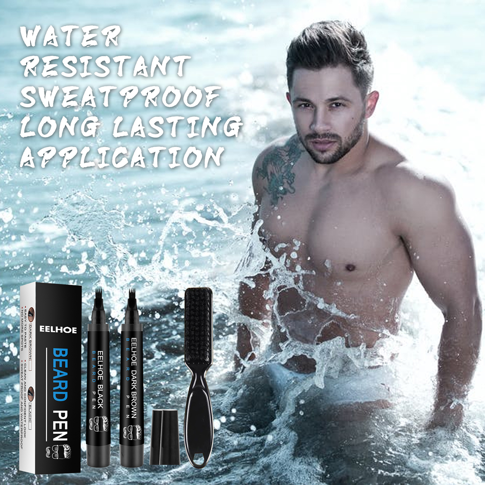 2× Waterproof Beard Pencil Filler Long Last Hair Grower Moustache Eyebrow +Brush