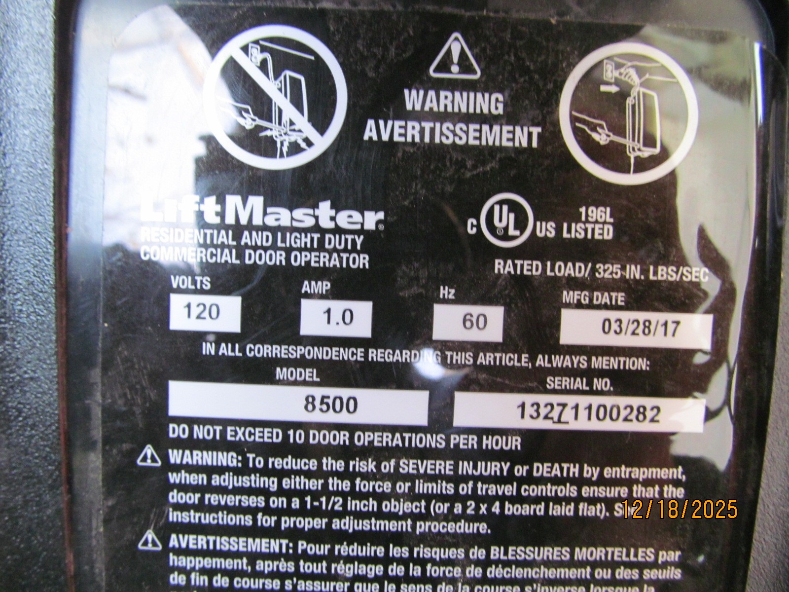 Liftmaster 8500 jackshaft garage door opener main unit only