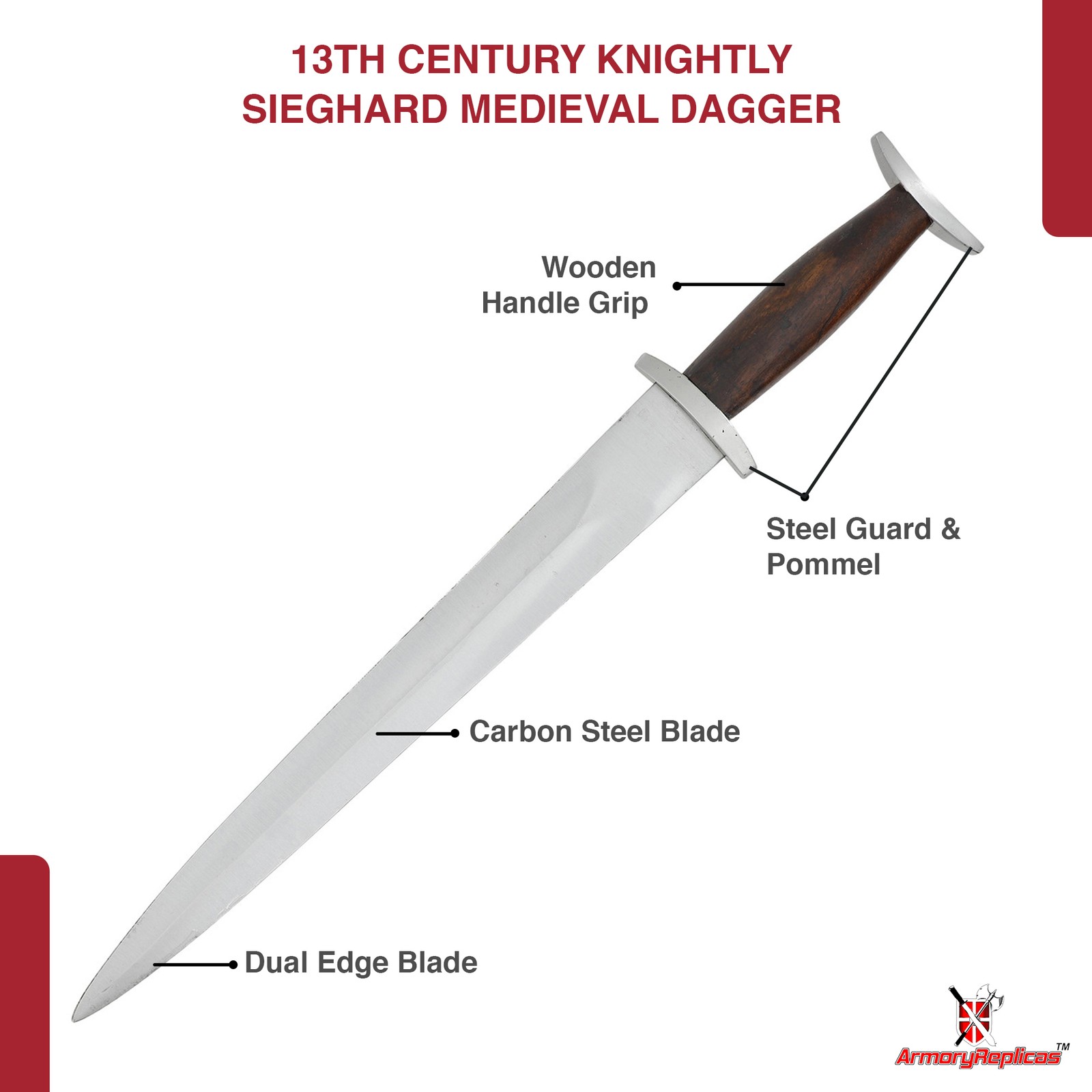 13th Century Knightly Sieghard Medieval Dagger Steel Full Tang Unsharpened LARP