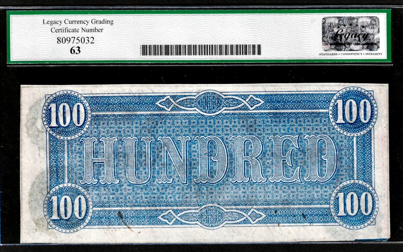 PQ+Color 1864 CSA Confederate States of America $100 Banknote T-65 LCG Choice 63