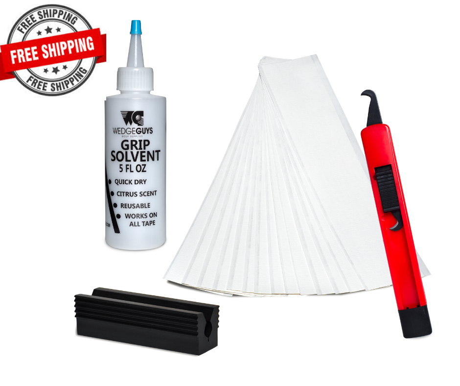 Golf Club GRIP KIT 15 Tape Strips (2x10), Solvent, Vise Clamp and Hook Blade