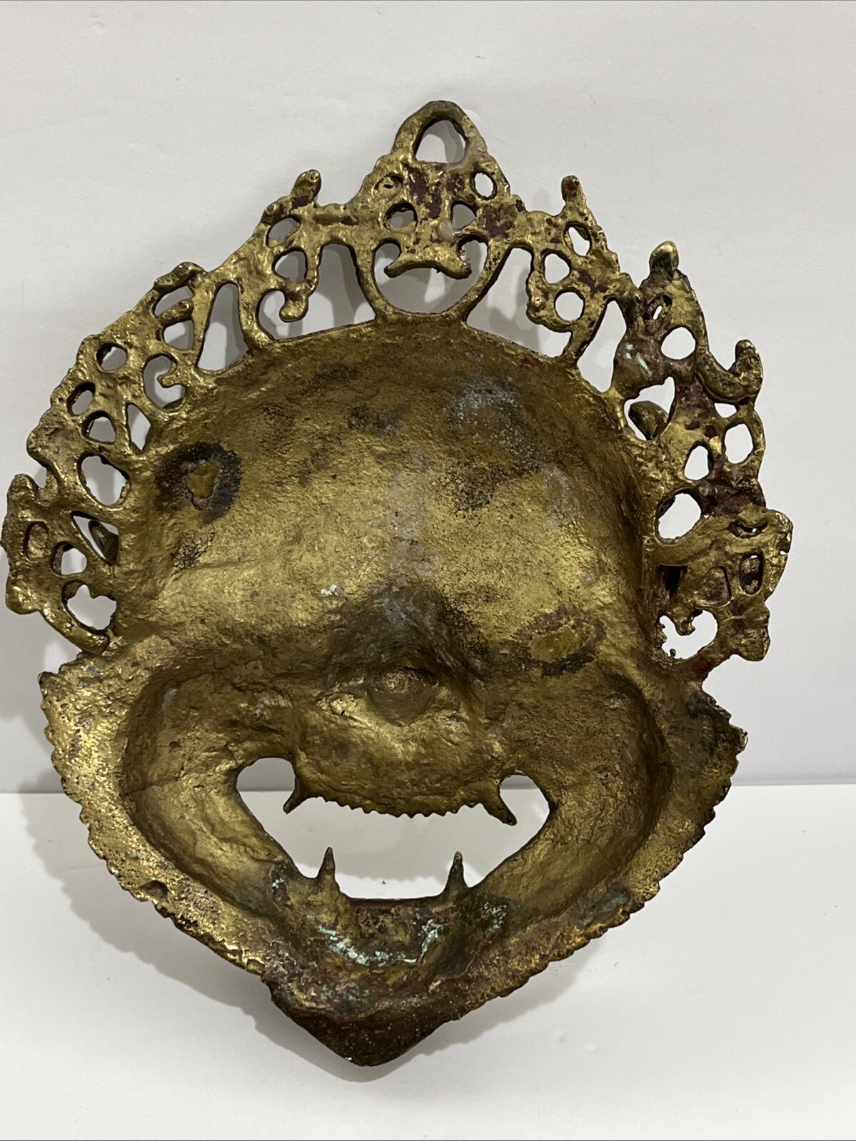 Antique or Vintage Gilt Bronze Tibetan Buddha Mahakala Mask Wall Hanging 9” T