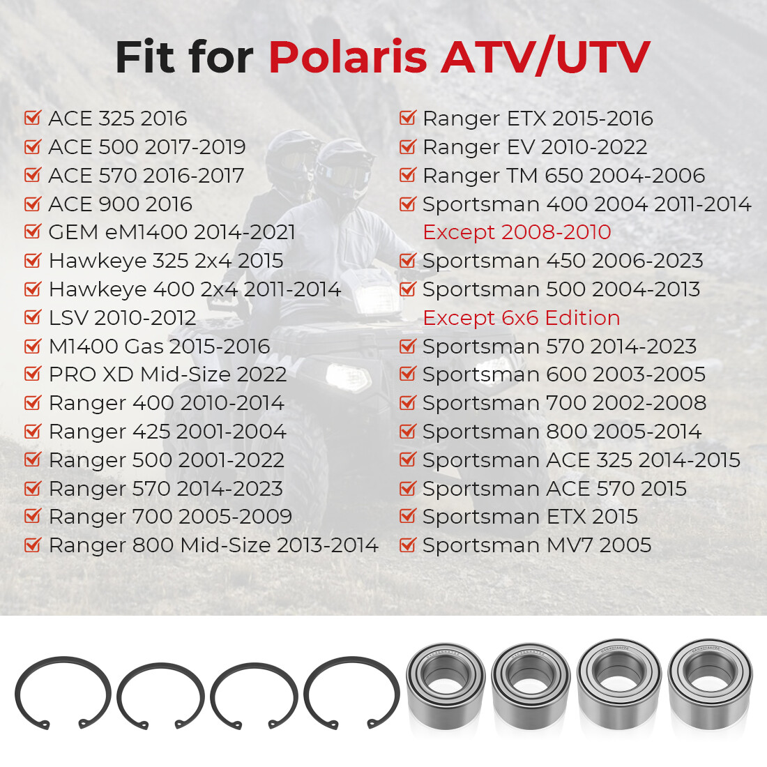 Front &Rear Wheel Bearings Kit for Polaris Ranger 570 Ranger XP 570 Crew 14-2023