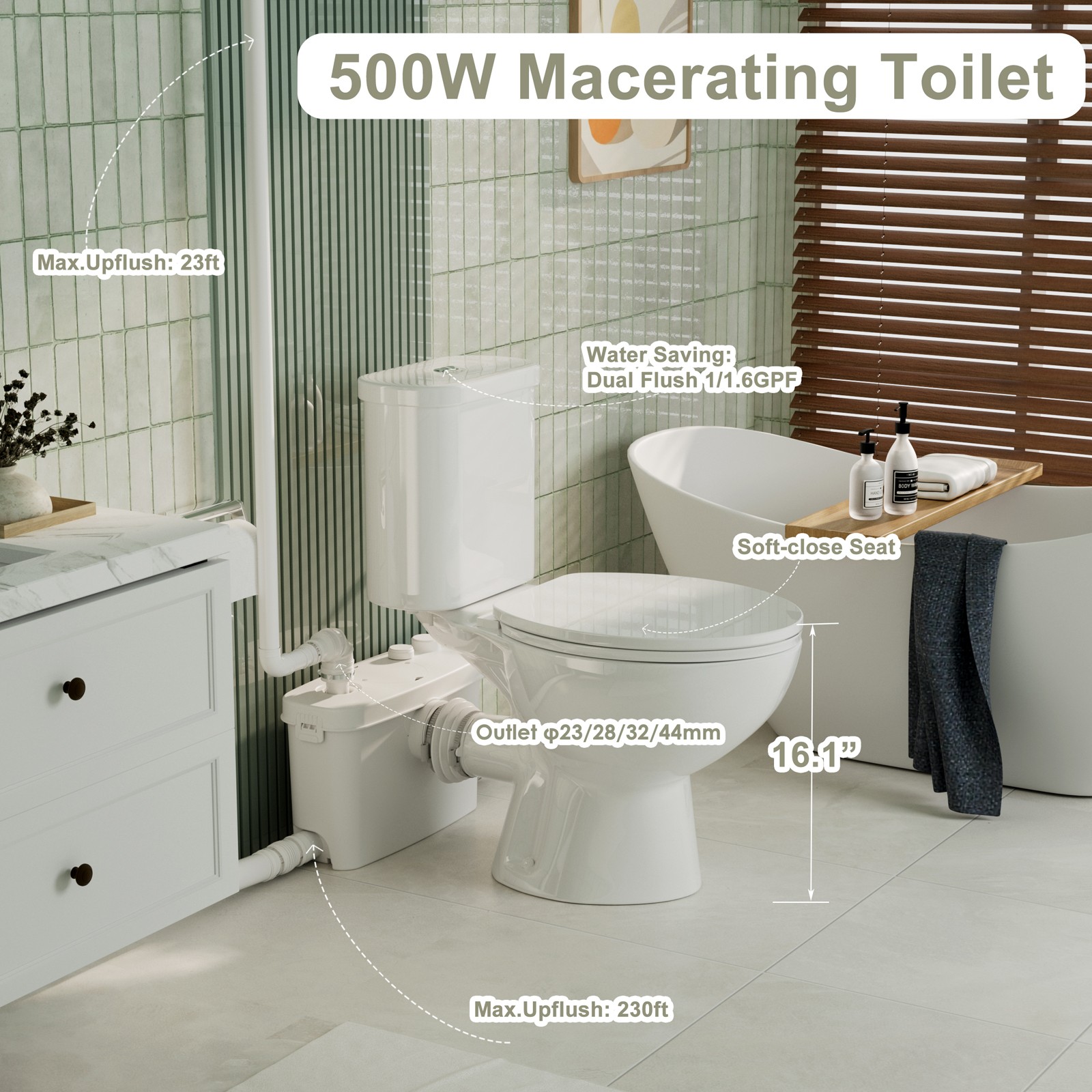 500W Macerating Toilet With 4 Water Inlet Two-piece Upflush Toilet for Basement