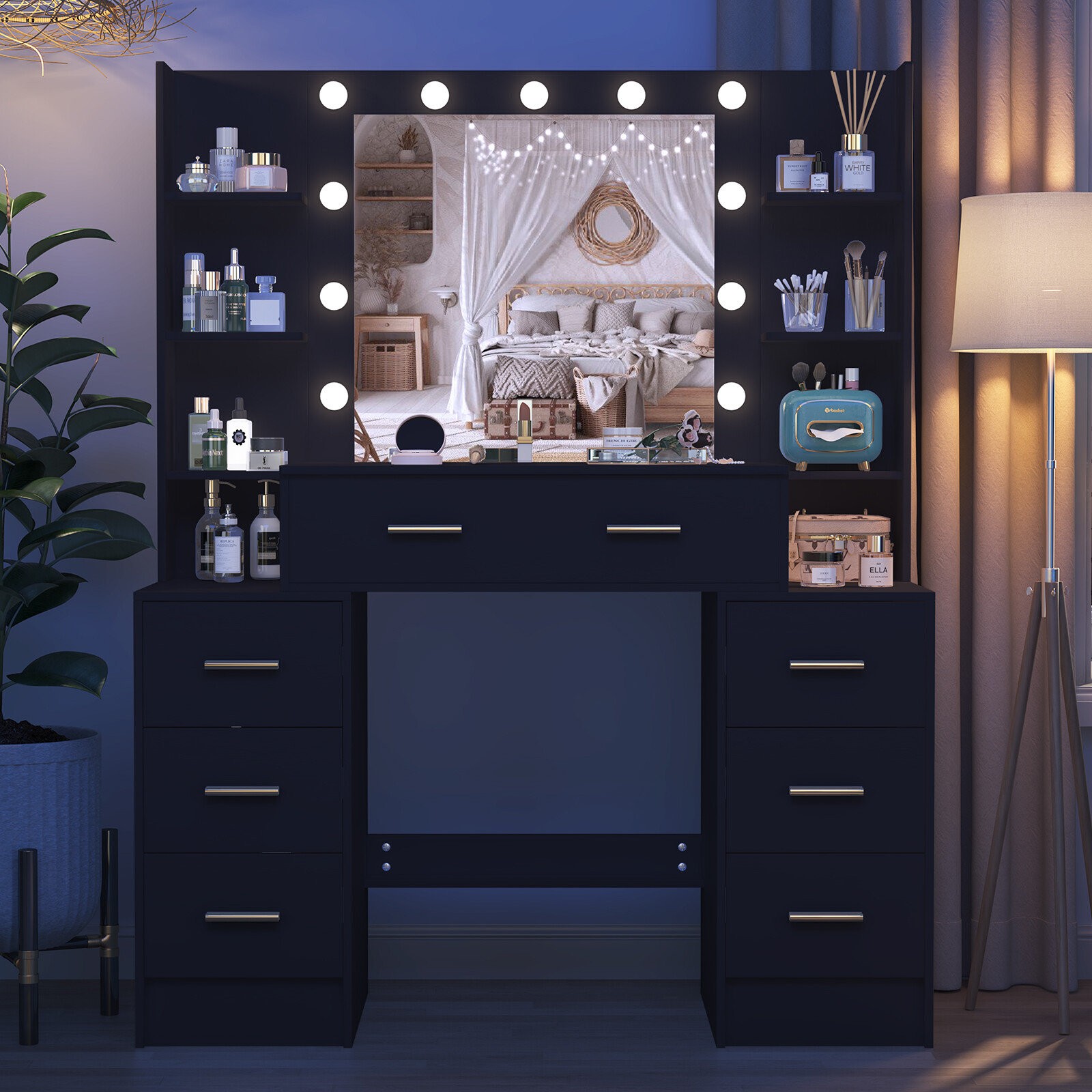 Vanity with Large Mirror and LED Lights Makeup Vanity Desk with 7 Drawers,Black