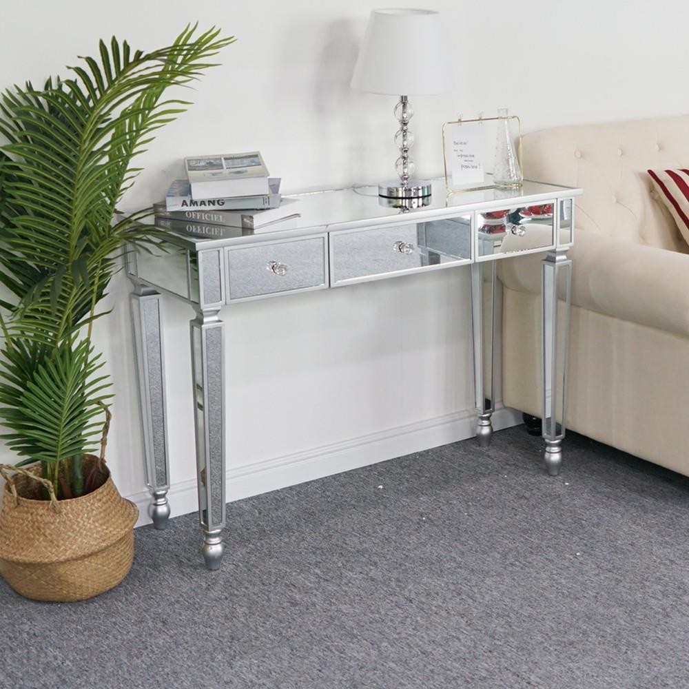 Mirrored 3 Drawer Console Table Glass Finish Silver Home Vanity Dresser Desk