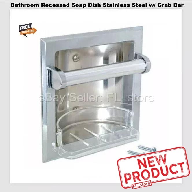 Stainless Steel Recessed Soap Dish w/ Grab Bar Bathroom Bath Shower Silver
