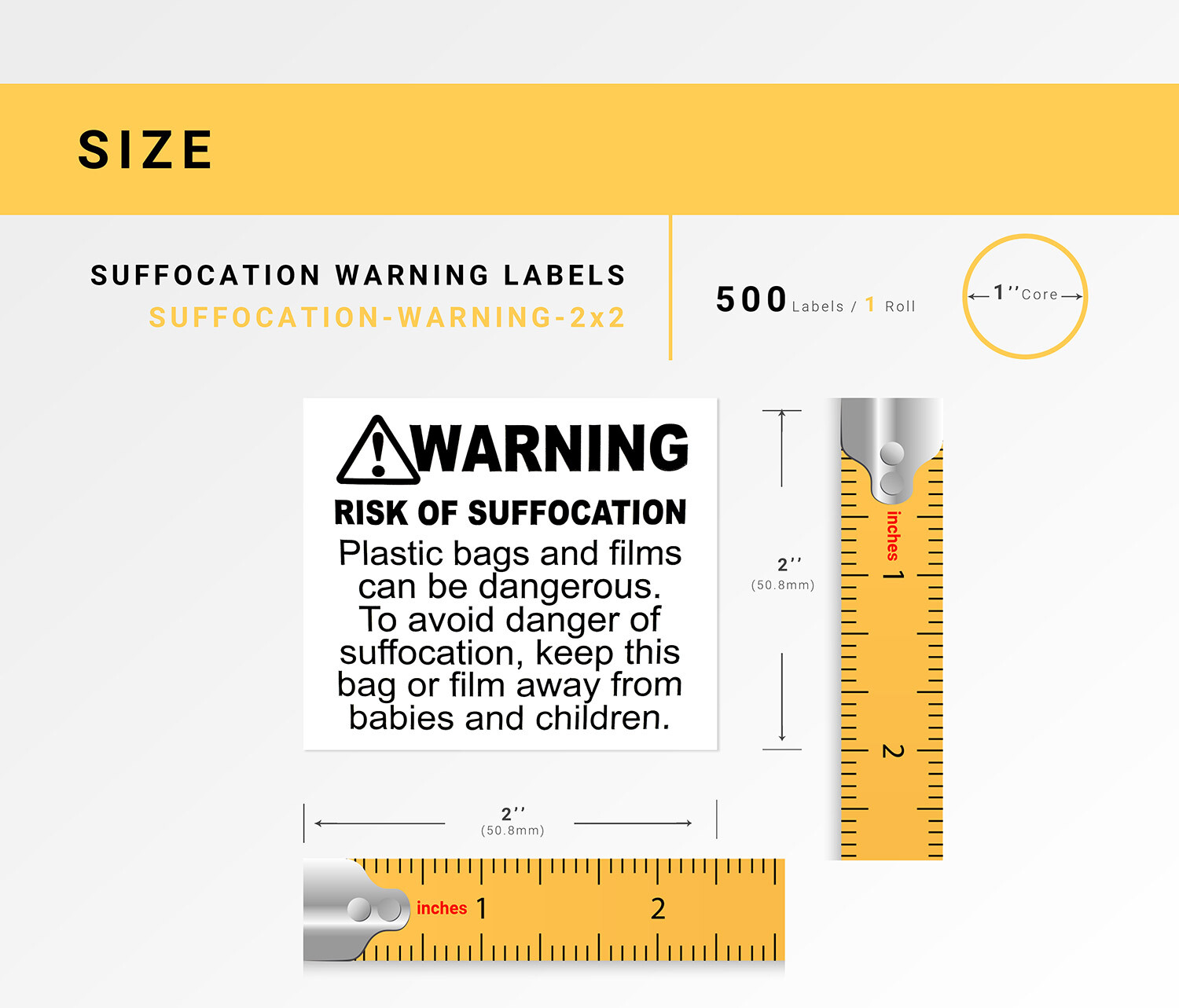 SUFFOCATION WARNING Labels/Stickers (2 x 2) - FBA Approved - (1) Roll of 500