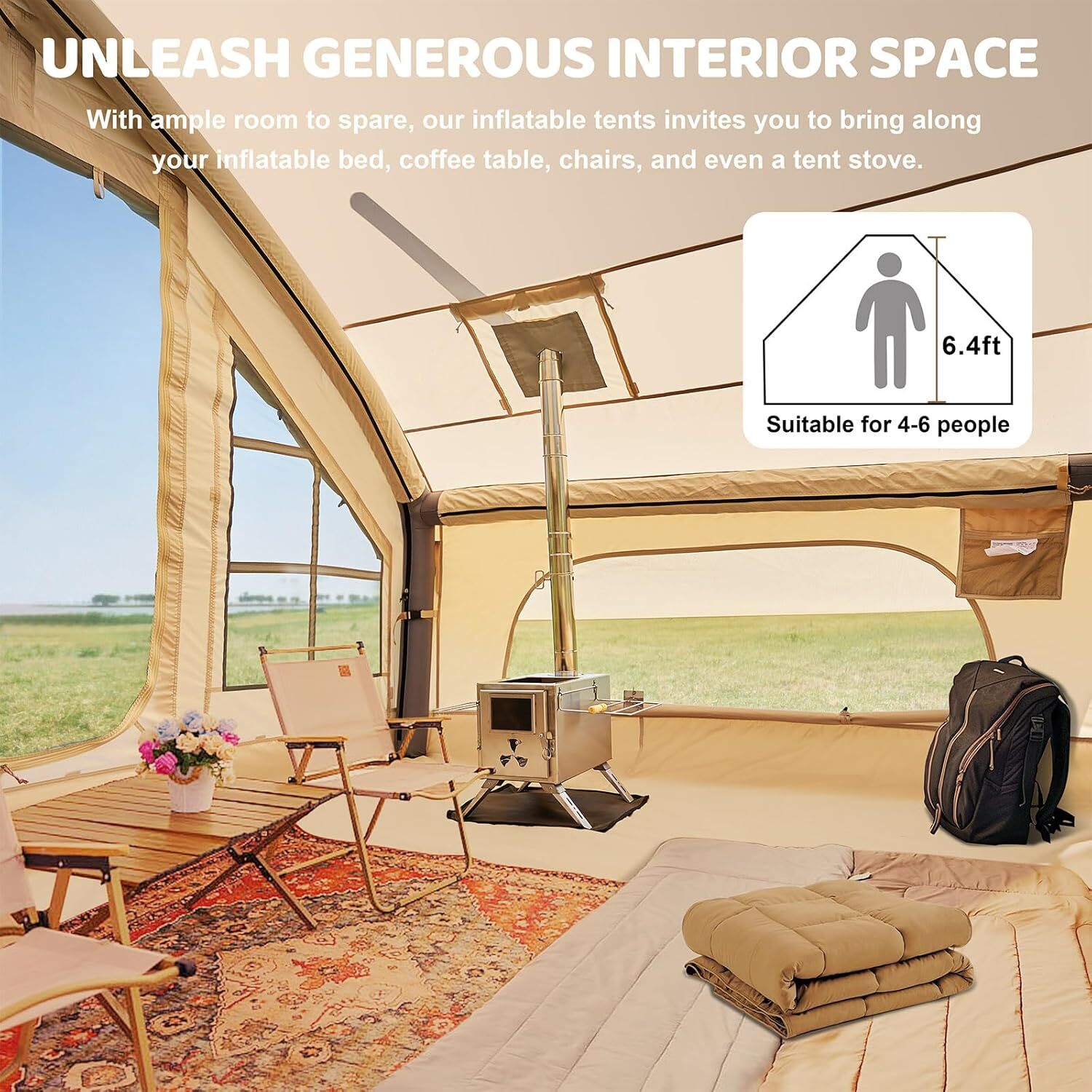 NAIZEA Inflatable Tents for Camping, Blow Up Tent & Hand Pump Stove Jack 6Person