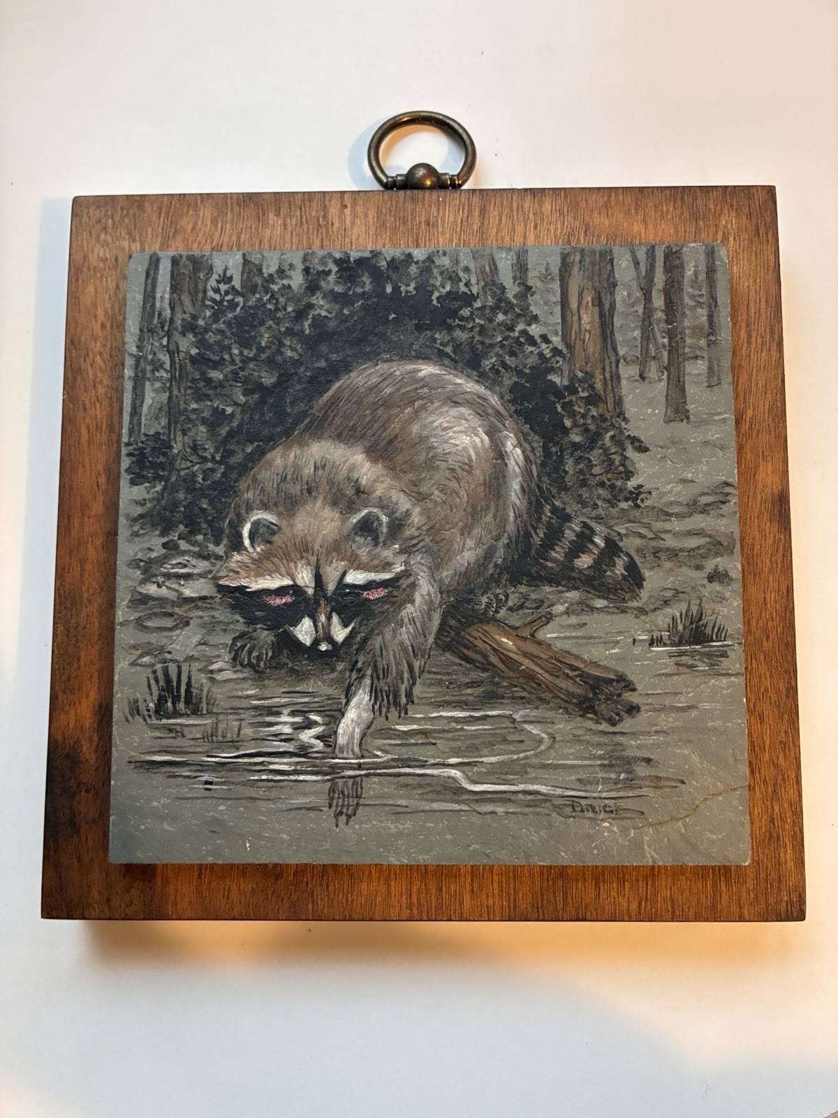 Esther Druck Raccoon Creek Painting Art Slate Tile Signed Wildlife Hand Painted