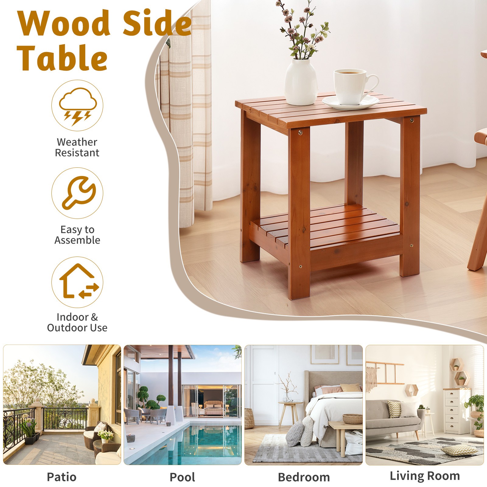 In/Outdoor 18" H Portable Wood Side Table Small Square Patio Weather Resistant