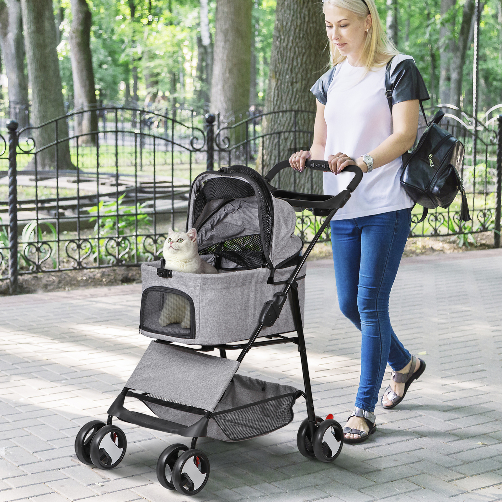 Pet Stroller Foldable Dog Cat Jogger Stroller w/4 Wheel & Detachable Basket Gray