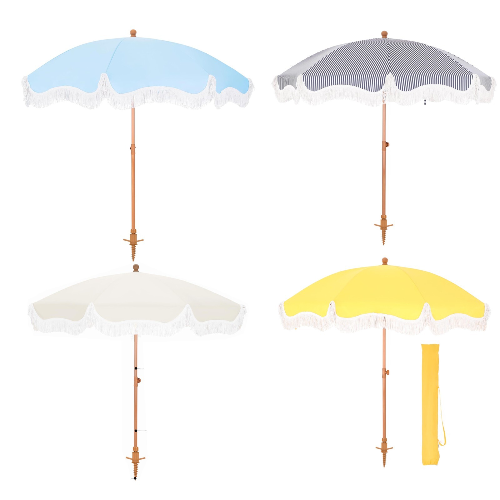 7 ft Patio Umbrellas Outdoor Auto-Tilt Beach Umbrella with Fringe and Carry Bag