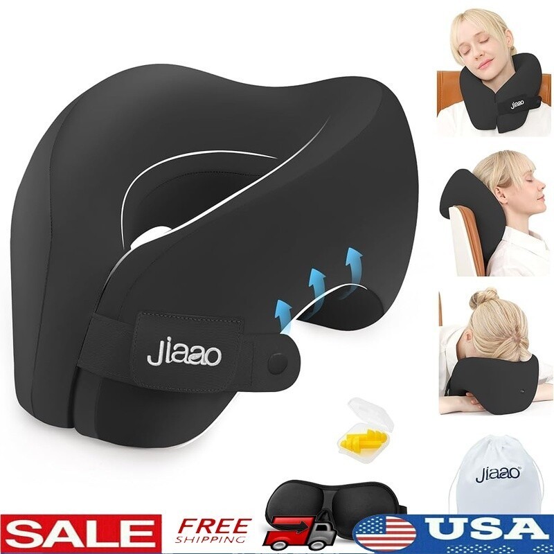 Travel Neck Pillow Memory Foam Adjustable Support Eye Mask Ear Plugs Bag New