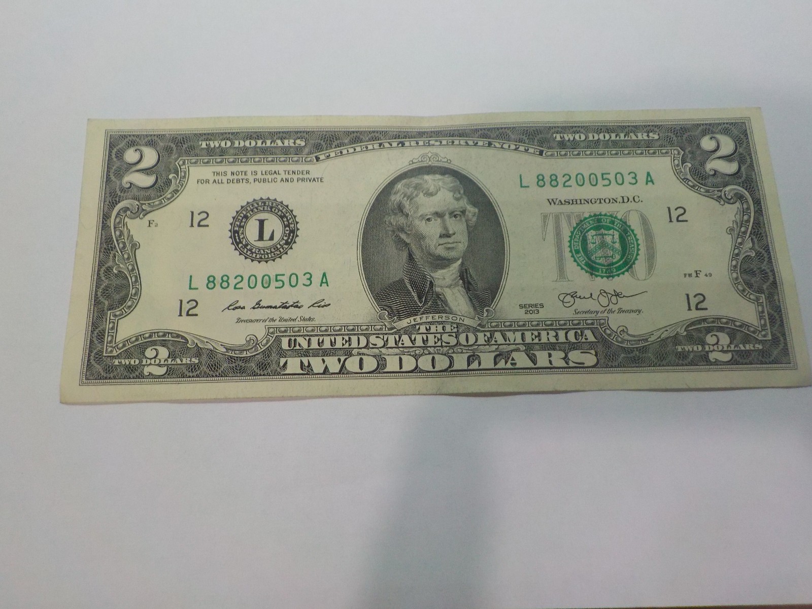 UNC $2 INK ERROR BOTH SERIAL NUMBER 0s & 8s FILLED IN L88200503A TWO DOLLAR BILL