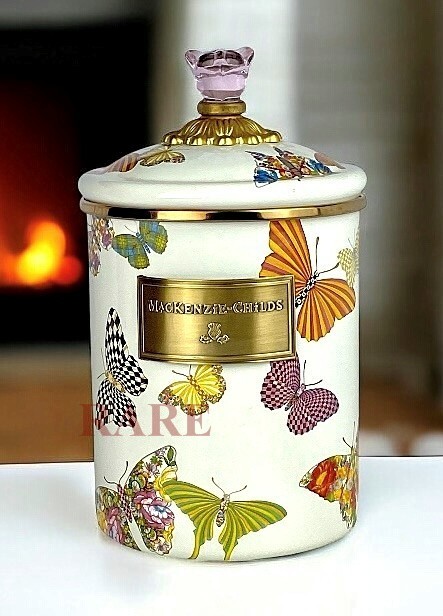 MacKenzie-Childs White Butterfly Garden Enameled Medium 8.5" Canister New No Box