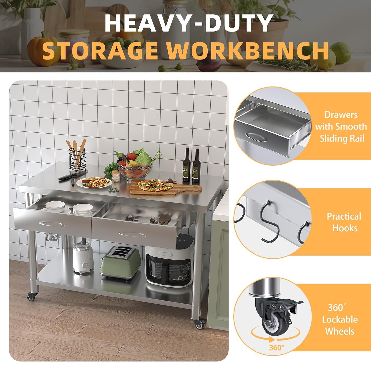 48"x24" Stainless Steel Work Table with Drawers, Rolling Kitchen Prep Workbench