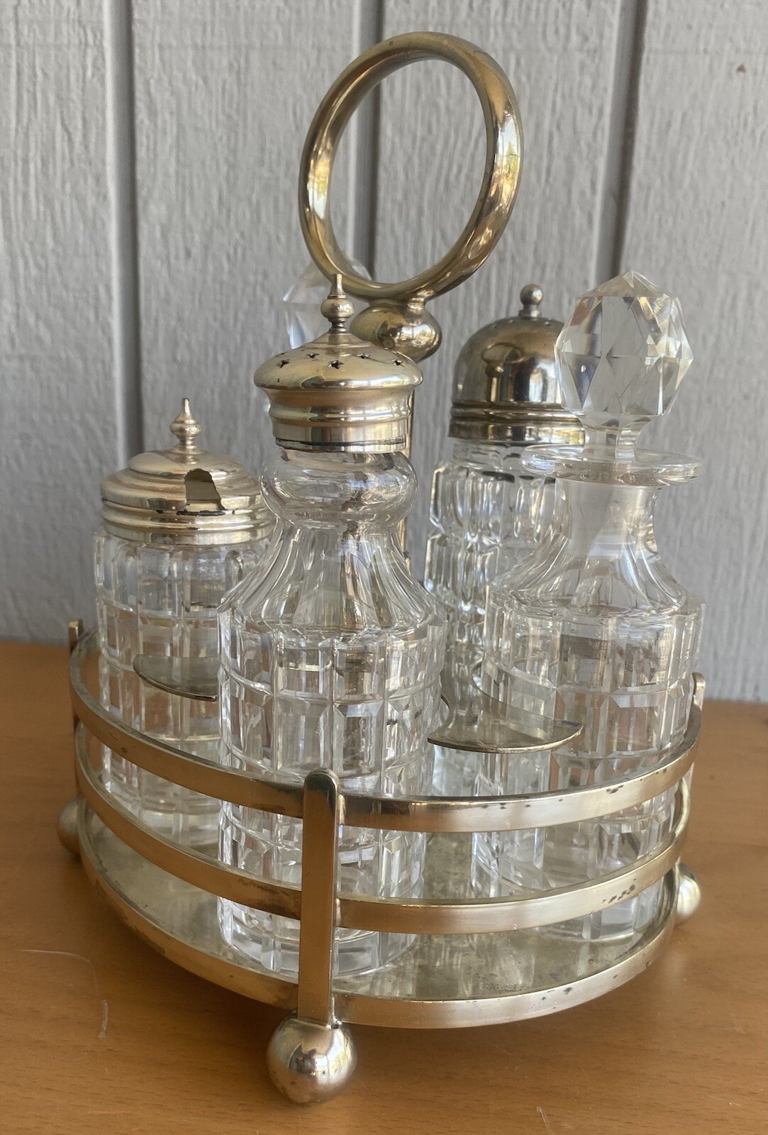 1887 Walker & Hall Victorian Silver Plate Antique Cut Crystal 6 pc Cruet Set